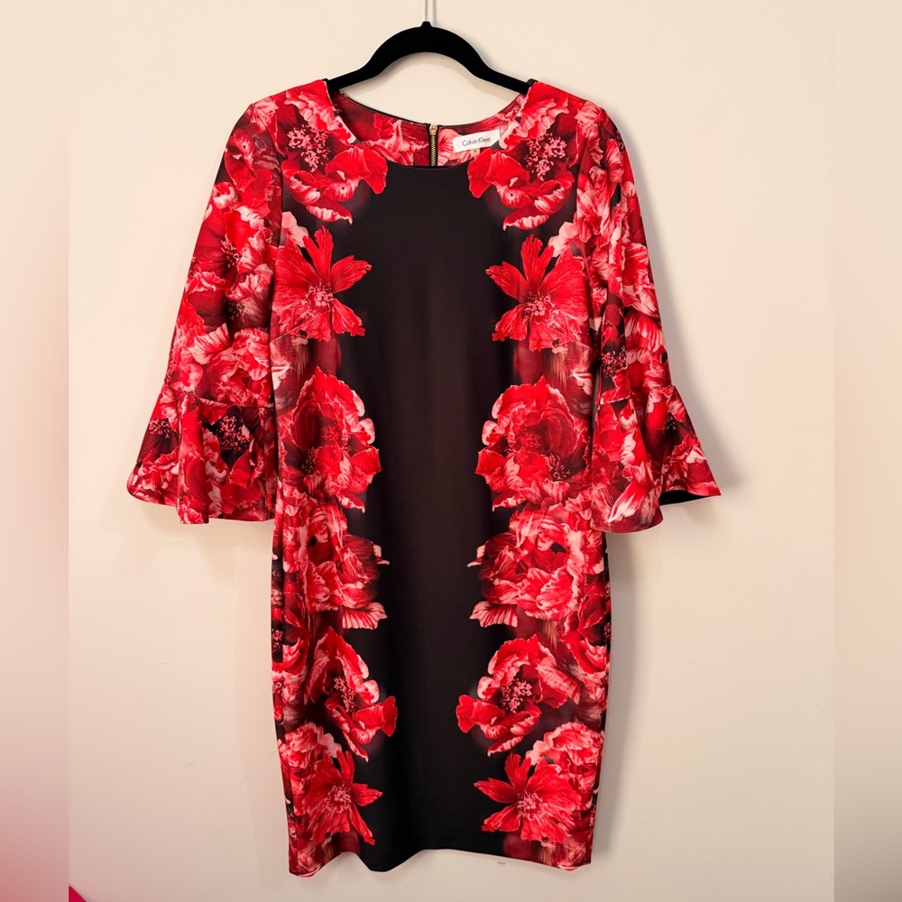 Calvin Klein Red and Black Floral Long Sleeve Dress